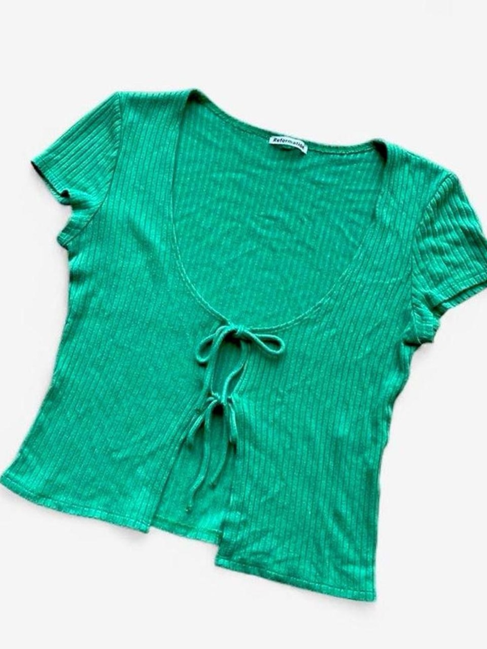 Reformation Green Ribbed Tie-Front Crop Top